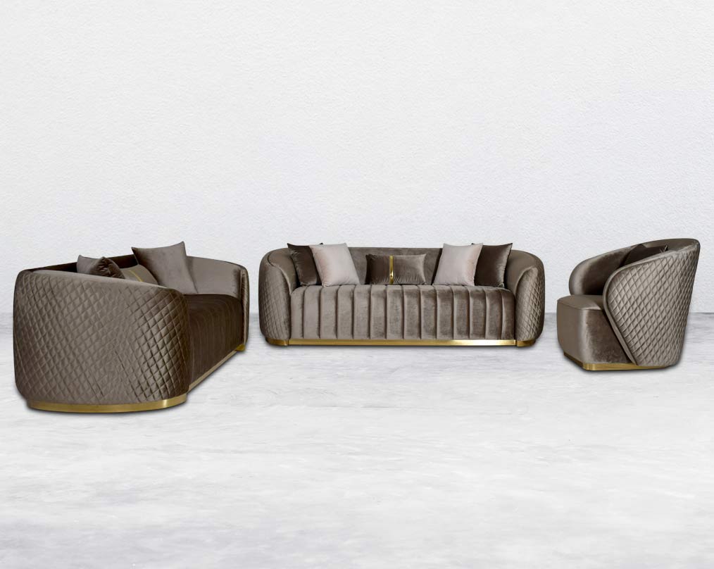 Agustín Fabric Sofa Set It has a gold-plated stainless base in modern classic design soft seat cushion which comes in high-quality velvet fabric & 8 cushions to compliment