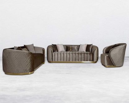 Agustín Fabric Sofa Set It has a gold-plated stainless base in modern classic design soft seat cushion which comes in high-quality velvet fabric & 8 cushions to compliment