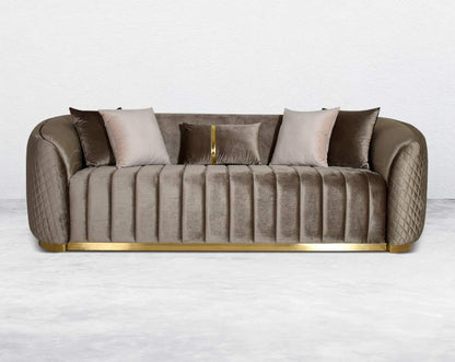 Agustín Fabric Sofa Set It has a gold-plated stainless base in modern classic design  This 3+2 seater sofa set is an elegant statement piece with clean lines softened by subtle curves. 