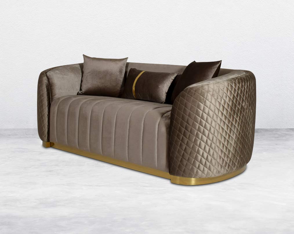 Agustín Fabric Sofa Set sofa is left corner It has a gold-plated stainless base in modern classic design  This 2 seater sofa set It has elegantly rounded armrests & and a soft seat cushion which comes in high-quality velvet fabric & 3 cushions to complime