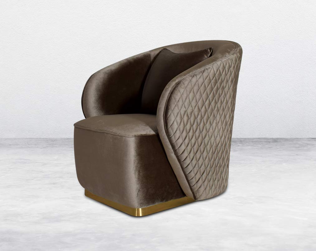 The criss-cross stitching is an outstanding detail on this corner side chair This 1 seater It has gold-plated stainless steel legs in modern classic design.