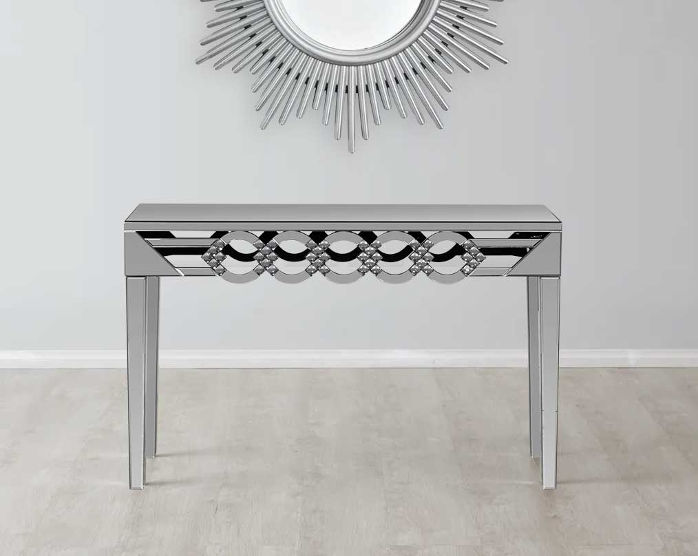 This beautiful console has a round mirror design border & mirrored legs with mirror