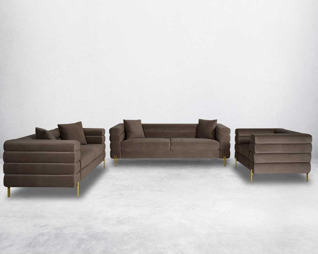 "This gorgeous neo-classic 3+2+1 seater sofa is upholstered in velvet fabric and comes with 5 cushions to compliment.