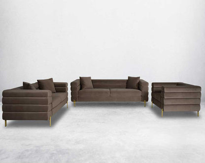 "This gorgeous neo-classic 3+2+1 seater sofa is upholstered in velvet fabric and comes with 5 cushions to compliment.