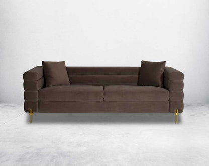 "This gorgeous neo-classic 3 seater sofa is upholstered in velvet fabric and comes with 2 cushions to compliment front view