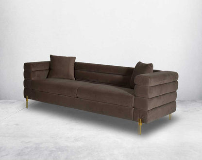 "This gorgeous neo-classic 3 seater sofa is upholstered in velvet fabric and comes with 2 cushions to compliment side view