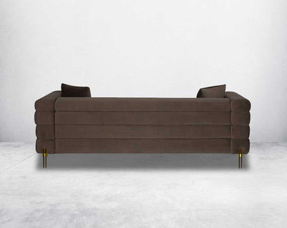 "This gorgeous neo-classic 3 seater sofa is upholstered in velvet fabric and comes with 2 cushions to compliment back view