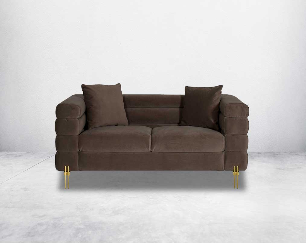 "This gorgeous neo-classic 2 seater sofa is upholstered in velvet fabric and comes with 2 cushions to compliment front view