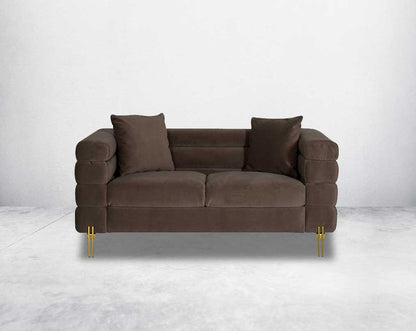 "This gorgeous neo-classic 2 seater sofa is upholstered in velvet fabric and comes with 2 cushions to compliment front view