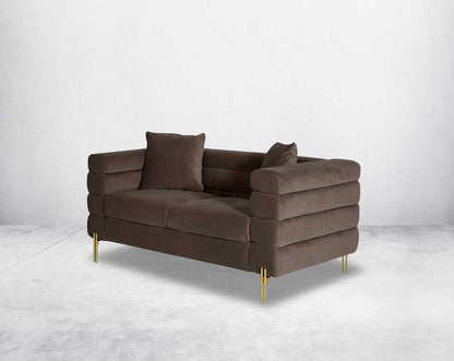 "This gorgeous neo-classic 2 seater sofa is upholstered in velvet fabric and comes with 2 cushions to compliment side view