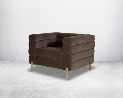 "This gorgeous neo-classic 1 seater sofa is upholstered in velvet fabric and comes with side view