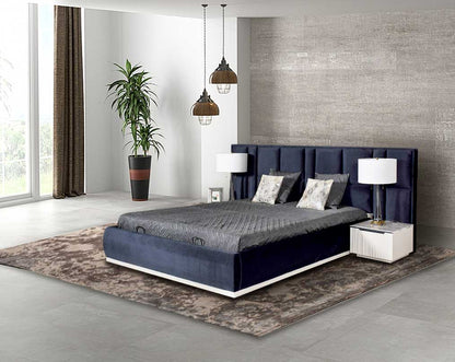 This elegant king bed  with The bedside table comes with a glossy blue lacquered border can be found all along with a fabric upholstered headboard with hydraulic lift storage