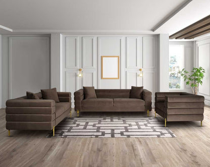 "This gorgeous neo-classic 3+2+1 seater sofa is upholstered in velvet fabric and comes with 5 cushions to compliment.