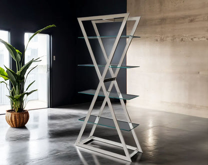 Defined by its essence this display unit relishes a premium look with its clear glass shelves seated on a vertically crisscross stainless steel frame. This is a majestic and elegant display unit which will bring a touch of class to your home.