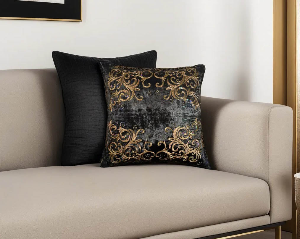 Brown and antique gold velvet and poly silk embroidered  2 cushion.