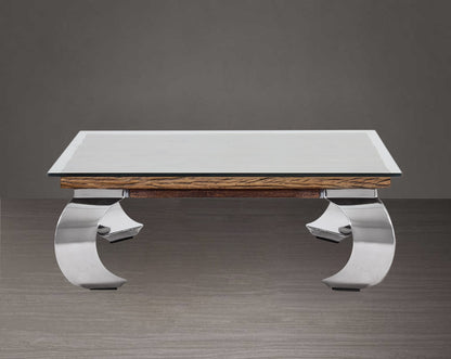 Coffee table with sleeper wood top which has been recycled from railway tracks in a rustic and natural finish with stainless steel base.