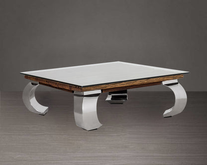 Coffee table with sleeper wood top which has been recycled from railway tracks in a rustic and natural finish with stainless steel base.