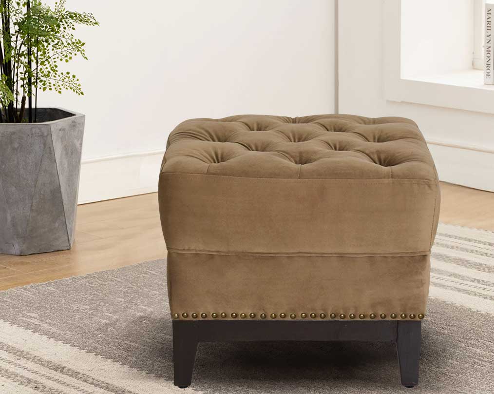 Ottoman upholstered in velvet fabric fully tufted  plant with walnut wood legs which offers a contemporary glamorous touch highlighting your decor space.