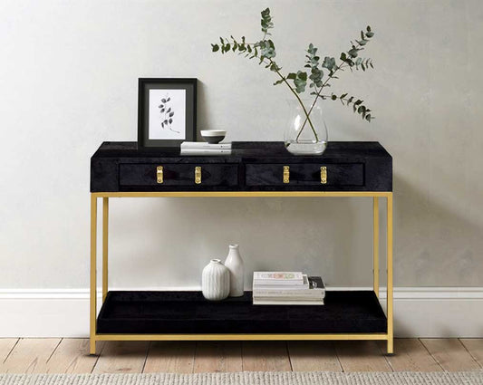 The table has 1 drawer with frame & legs in stainless steel matt gold finish. This table makes a true focal point in any modern, contemporary or eclectic décor with green plant
