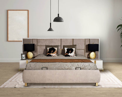 This elegant king bed with pillow  comes with a high gloss grey lacquered border can be found all along with a fabric upholstered headboard with hydraulic lift storage.