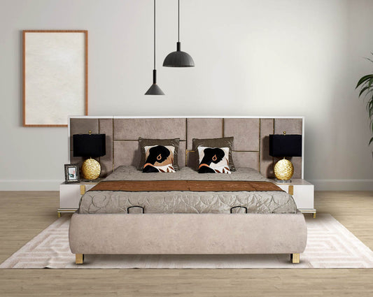 This elegant king bed with pillow  comes with a high gloss grey lacquered border can be found all along with a fabric upholstered headboard with hydraulic lift storage.