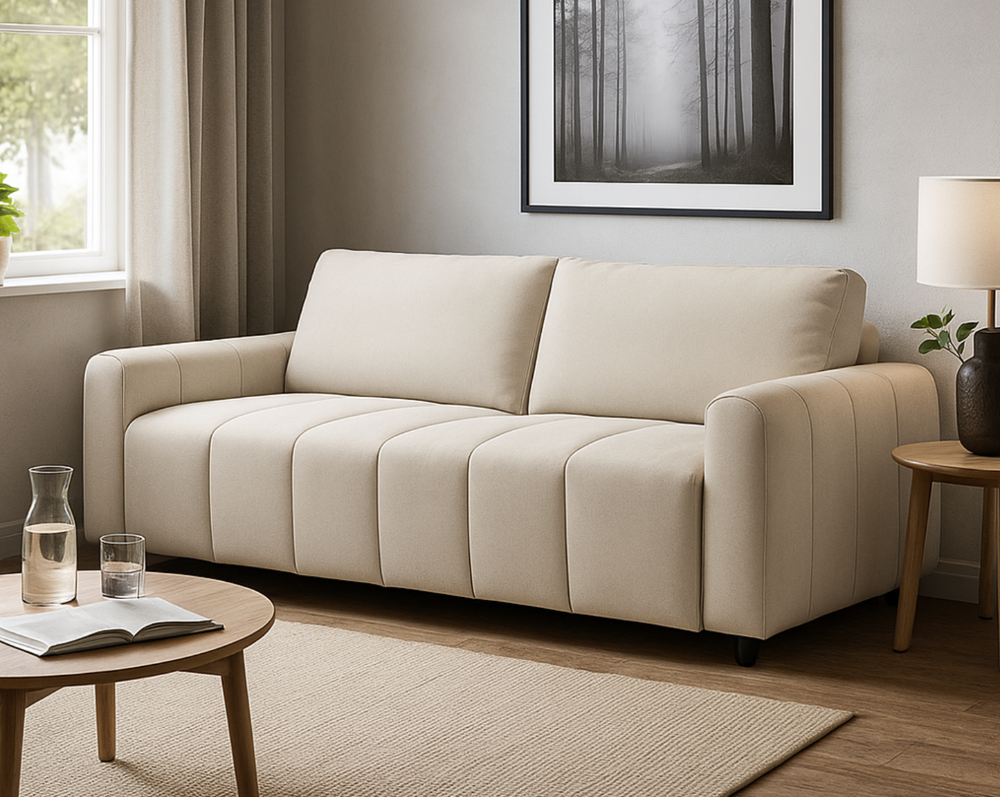 Beige sofa in a living room with a coffee table, lamp, and framed picture on the wall.