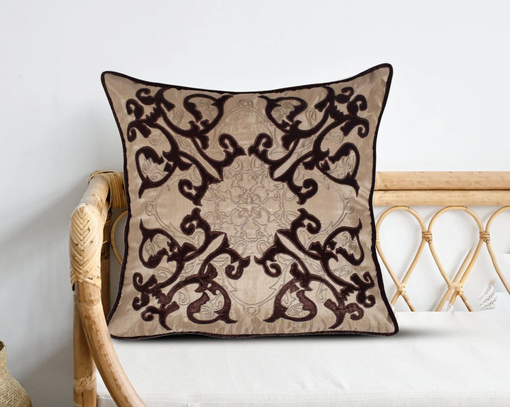 Dark brown and cream poly silk embroidered cushion with wooden sofa