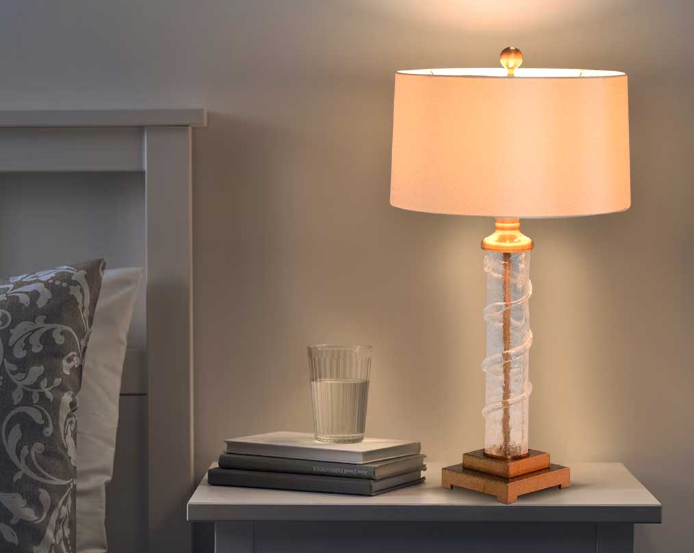 Table lamp in coffee bronze and glass with living room  translucent fabric shade in ultra modern design.