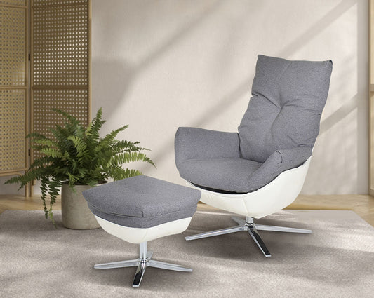 This lounge chair and ottoman set is designed to serve as the epitome of comfort for your leisure time. The chair is made with  pant dense foam padding, comes finely upholstered in fabric with faux leather and stainless steel base with swivel. The lounge 