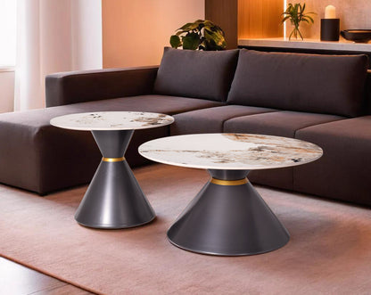 This round coffee table is a captivating composition of a round white & brown ceramic top & conical metal base with living room.