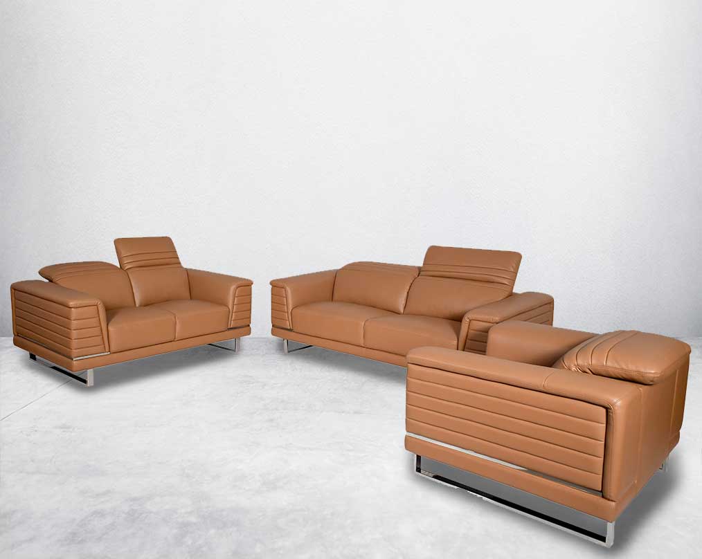 3+2+1 seater leather sofa set with quilted sides & back with stainless steel frame & base It has an adjustable headrest & it is in glamorous, luxurious contemporary design.