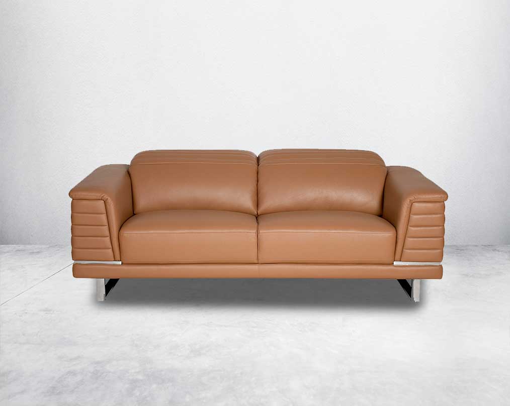 2 seater leather sofa set with quilted sides & back with stainless steel frame & base It has an adjustable headrest & it is in glamorous, luxurious contemporary design.