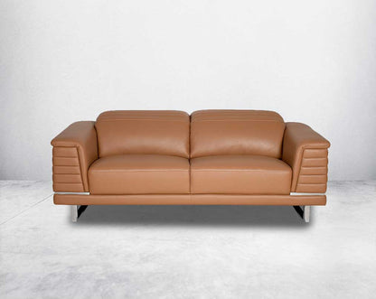 2 seater leather sofa set with quilted sides & back with stainless steel frame & base It has an adjustable headrest & it is in glamorous, luxurious contemporary design.