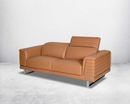 2 seater leather sofa set with quilted sides & back with stainless steel frame & base It has an adjustable headrest & it is in glamorous, luxurious contemporary design.