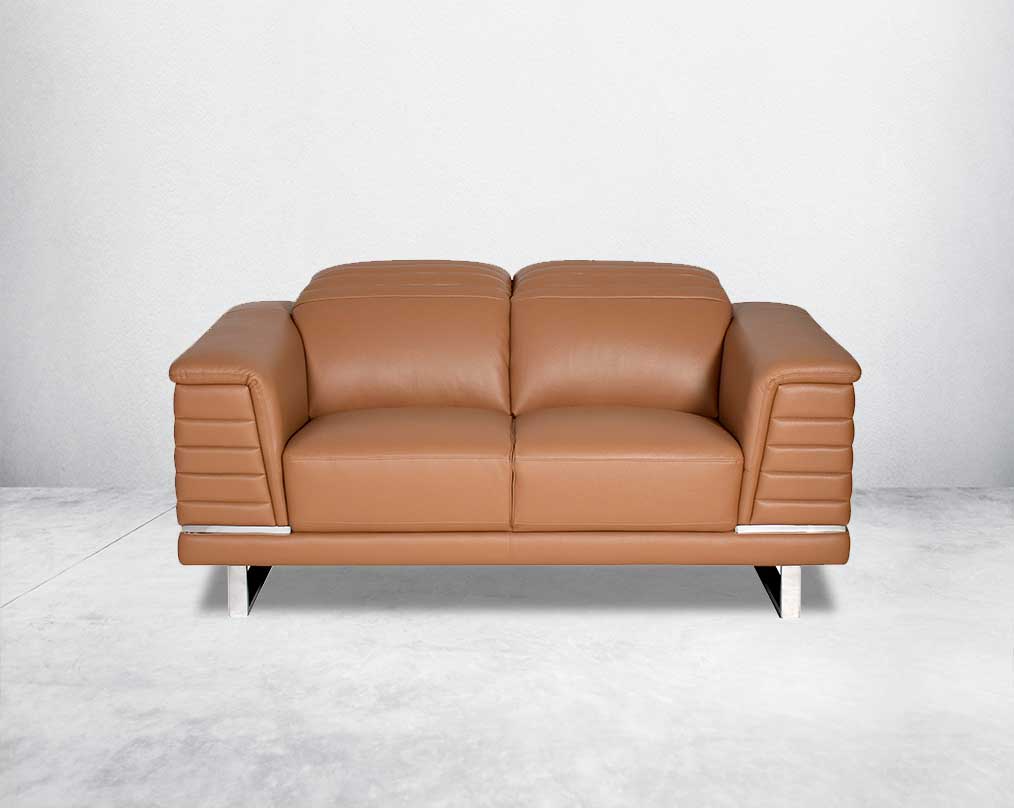 2 seater leather sofa set with quilted sides & back with stainless steel frame & base It has an adjustable headrest & it is in glamorous, luxurious contemporary design.