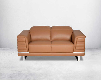 2 seater leather sofa set with quilted sides & back with stainless steel frame & base It has an adjustable headrest & it is in glamorous, luxurious contemporary design.