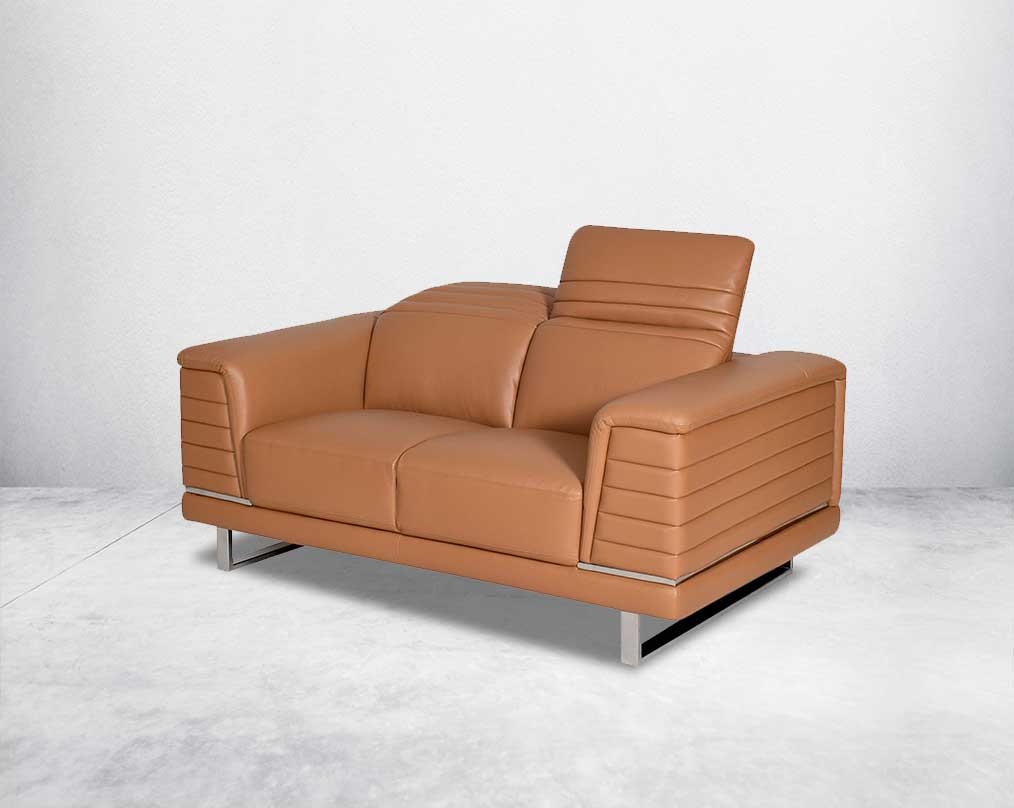 2 seater leather sofa set with quilted sides & back with stainless steel frame & base It has an adjustable headrest & it is in glamorous, luxurious contemporary design.