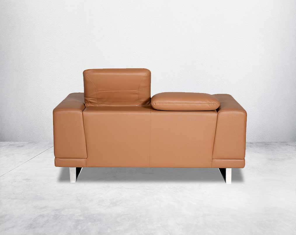 2 seater leather sofa set with quilted sides & back with stainless steel frame & base It has an adjustable headrest & it is in glamorous, luxurious contemporary design.