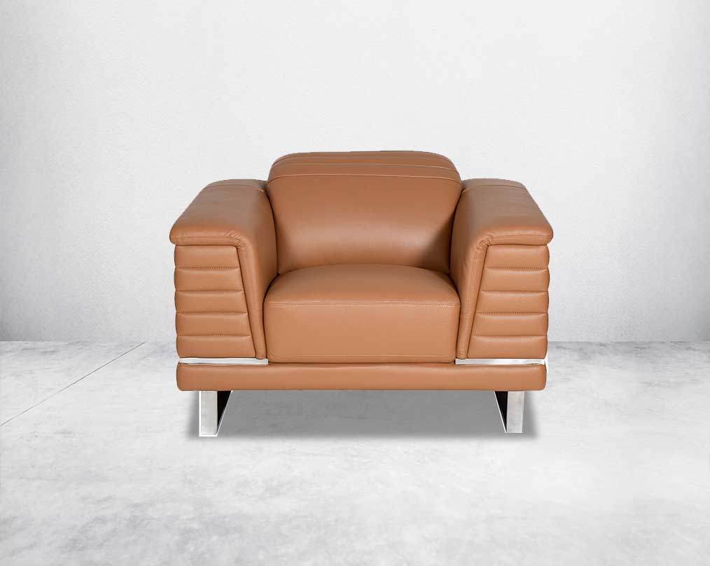 1 seater leather sofa set with quilted sides & back with stainless steel frame & base It has an adjustable headrest & it is in glamorous, luxurious contemporary design.