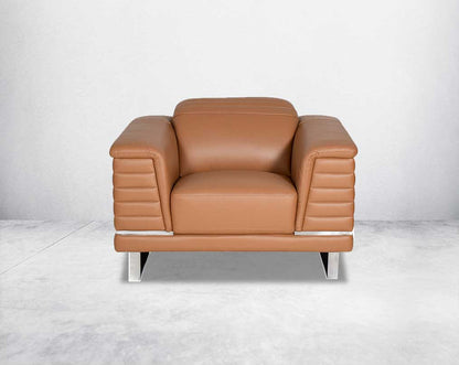 1 seater leather sofa set with quilted sides & back with stainless steel frame & base It has an adjustable headrest & it is in glamorous, luxurious contemporary design.